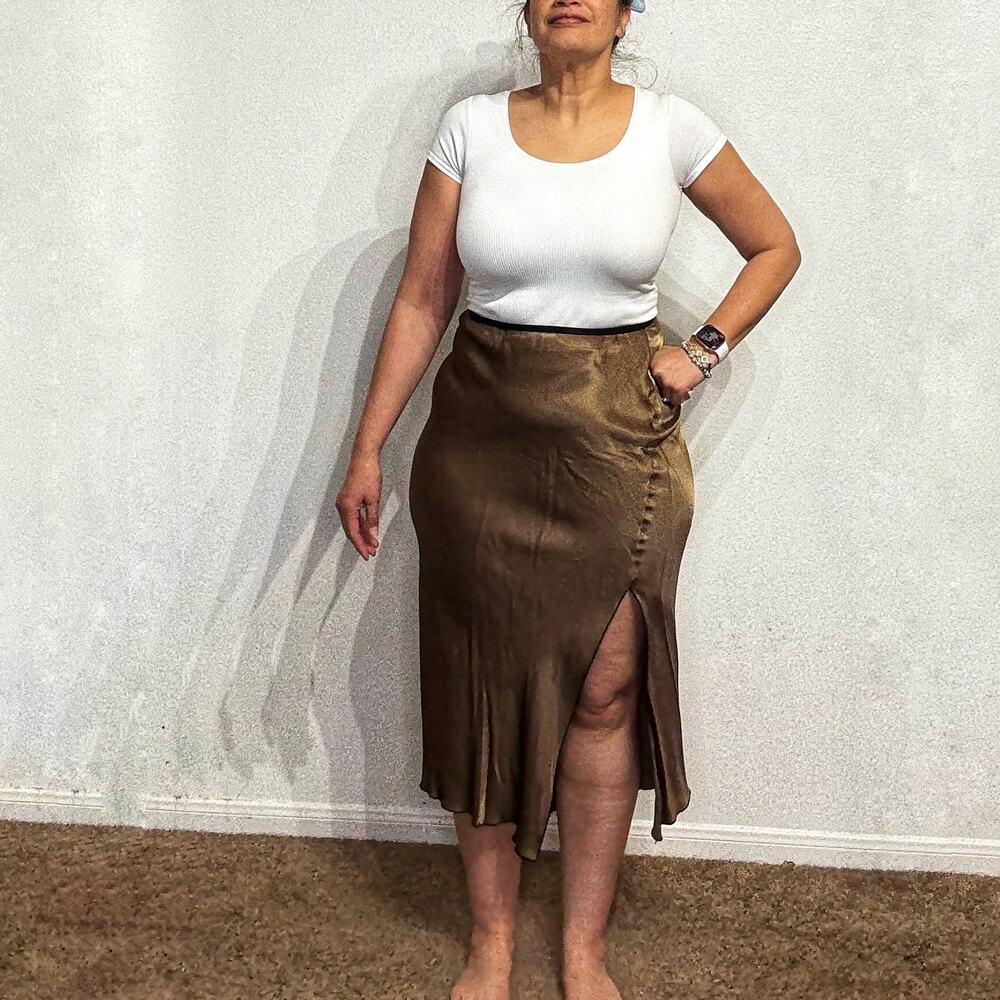 Rails Jaded Peat Moss Brown Satin Side Slit Asymmetrical Slip Skirt Sz M